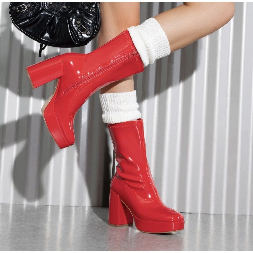 JEDKARAR Square Toe Platform Mid Calf High Chunky Heel Gogo Boots Sz 10.5 (Bx 7)